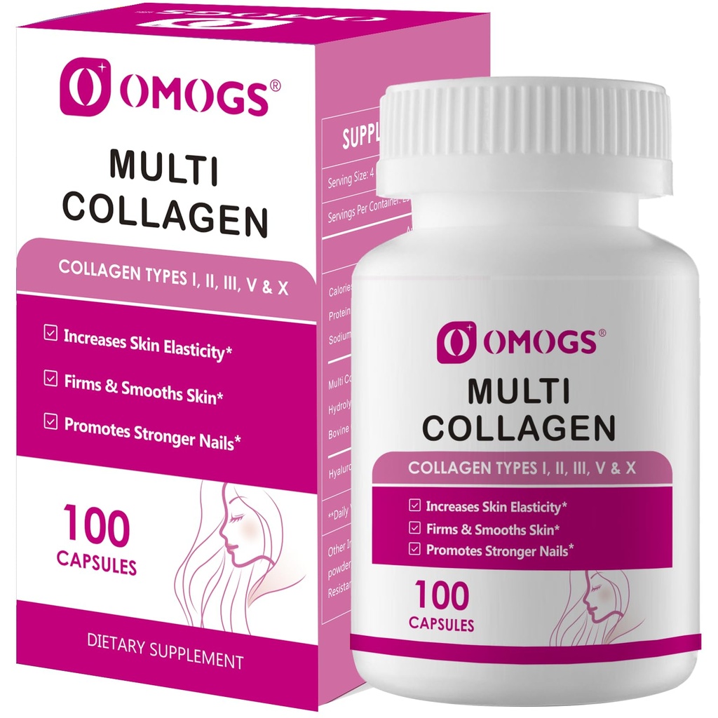 OMOGS Collagen Peptides Capsule,Colágeno hidrolizado de origen natural con prebiótico & extracto de arándano - Pelo, Esquí, Nail, Conjunto, Salud Digestiva & Immune Support, Non-GMO, 100 cápsulas