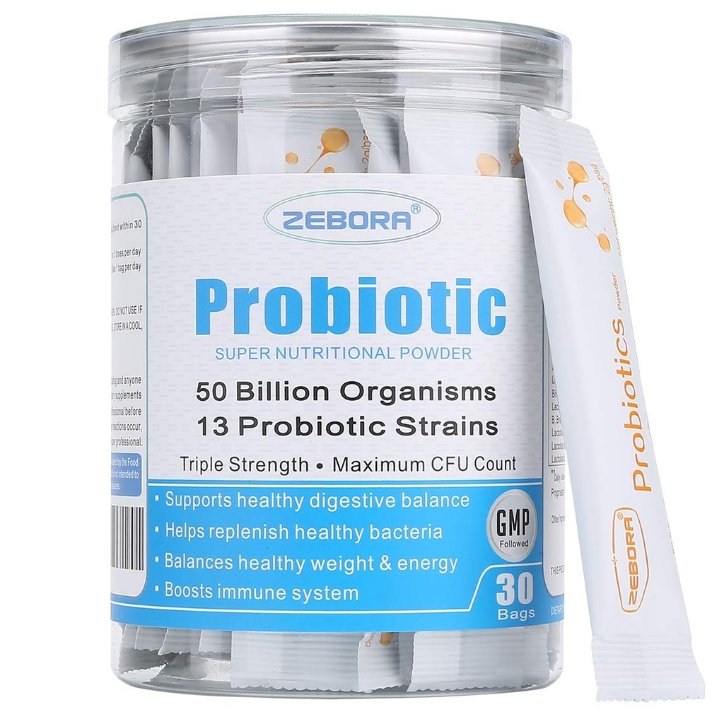 Probióticos ZEBORA para Mujeres, Hombres y Niños, Prebióticos y Probióticos Polvo para la Salud Digestiva e Inmunitaria - Apoyo sano-Respiratorio-System Gluten Libre y No GMO, 30 Packets