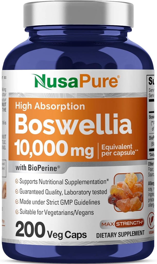 NusaPure Boswellia Serrata 10,000 mg Por Veggie Caps 200 Conde (Ext. 20:1, Non-GMO, Vegan, Bioperina) Herb ayurvédico: Olibanum indio, Frankincenso