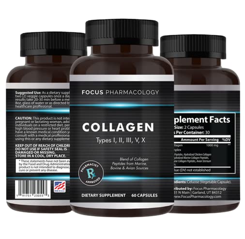 Soporte de colágeno (Tipo I, II, III, V, X) Avian Sternum Hidrolyzed Collagen Skin Peptides Collagen Soporte con ácido hialurónico + Complejo de proteínas + Suplemento Natural (180 cápsulas)