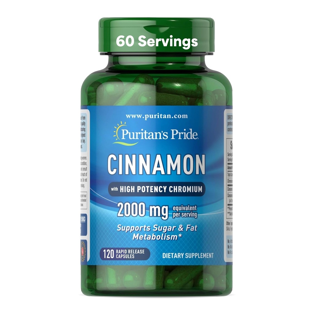 Cinnamón del Orgullo de Puritan 875 mg (2000 mg Equivalente) con cromo de alta potencia, soporta el metabolismo del azúcar, grasa y nutrientes saludables, energía celular, suministro de 2 meses, 120 cápsulas de liberación rápida