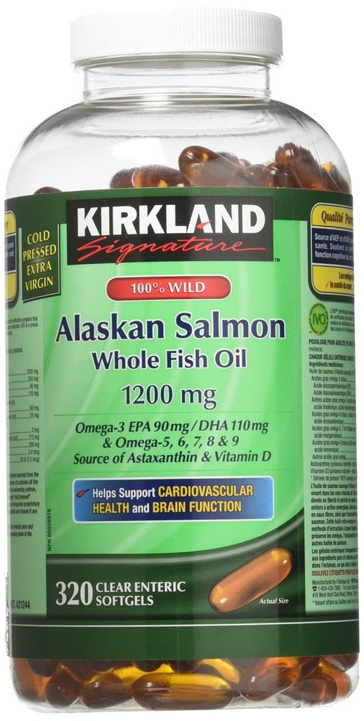 Kirkland Firma 100% Salvaje Salmón de Alaska 90 EPA 110 DHA 1200mg - 320 Enteric Coated Softgels
