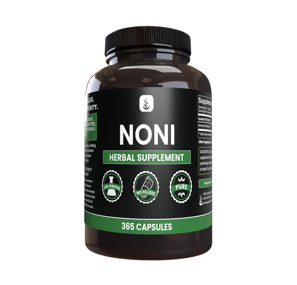 PURE ORIGINAL INGREDIENTES Noni (365 capsules) No Magnesio Or Rice Fillers, Siempre Puro, Lab Verified