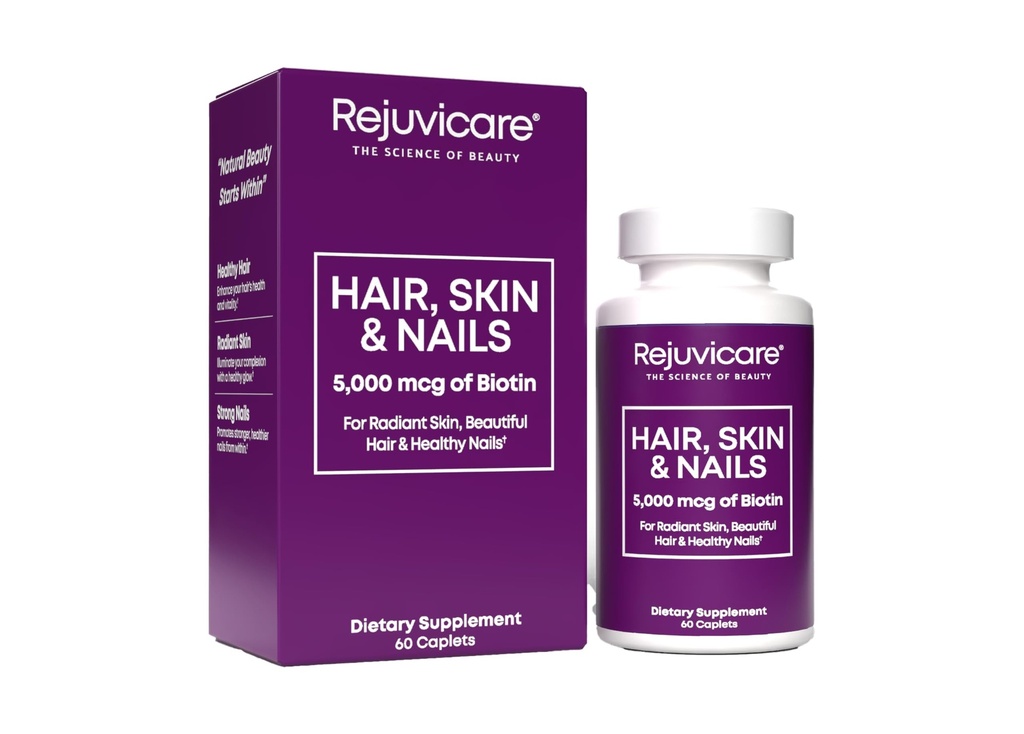 Esquí de pelo y uñas, soporte para el crecimiento del cabello, piel sana " uñas, biotina, vitaminas B1, B2, B3, B6 " B7 + B1, soporta cabello saludable, piel radiante y uñas fuertes, Vegan, 60 caplets
