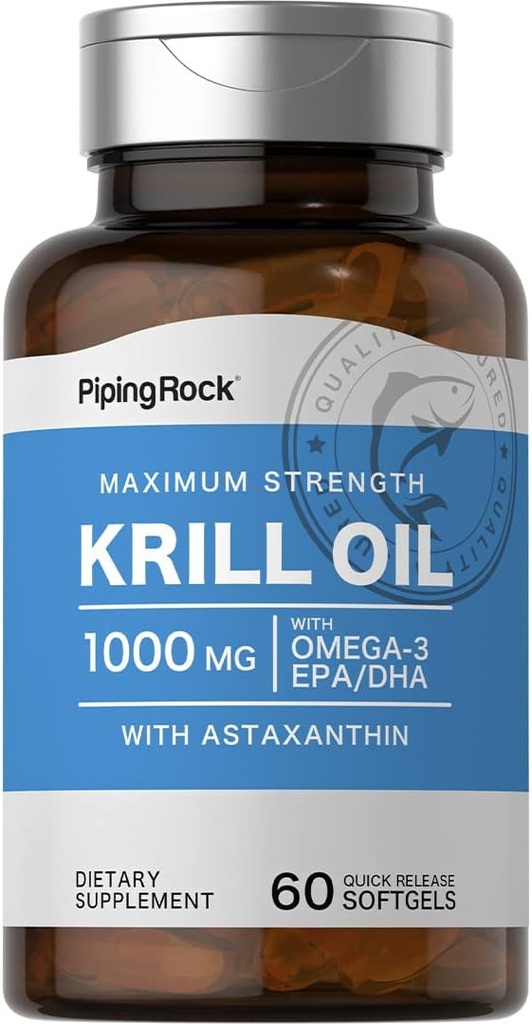 Piping Rock Krill Oil 1000 mg Softgels tención 60 Contar con Omega 3, EPA, DHA Silencioso No GMO, Gluten Free