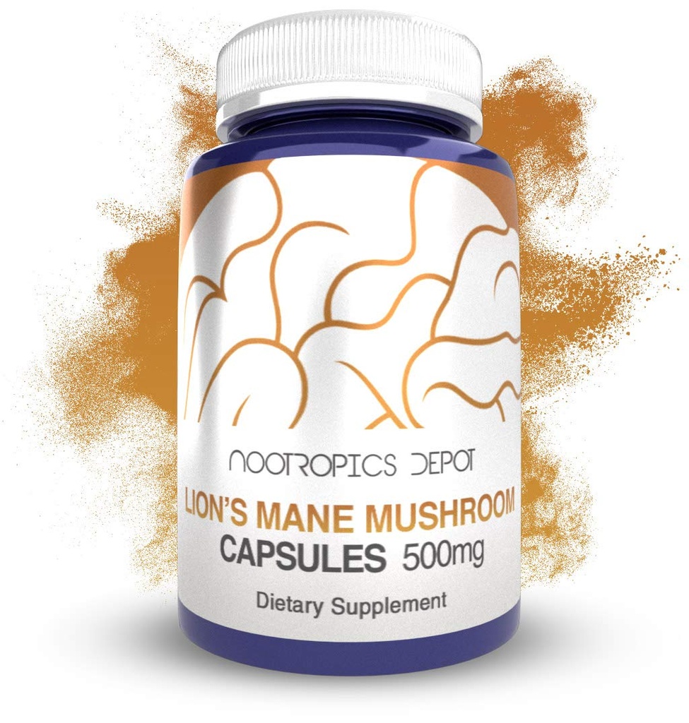 Nootropics Depot Lions Mane Mushroom Capsules ← 500mg TEN 180 Conde Ø Hericium erinaceus TEN TODO EL AFECTO DE AFECTOS Extracto ANTERIOR Salud cerebral Suplemento ANTE Neuroprotective + Boost Mood