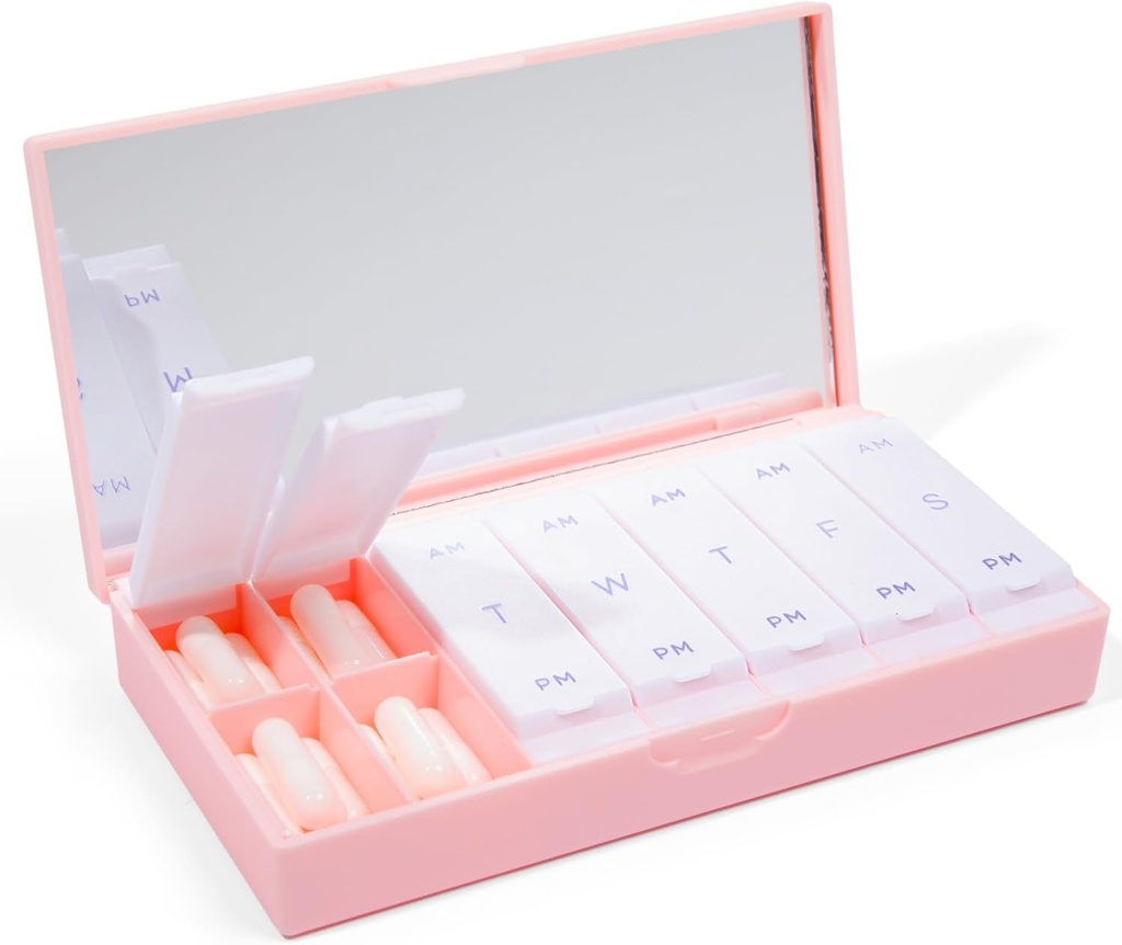 Designer Weekly Pill Box Organizer (AM/PM 2X Daily, Blush Pink) Silencio Compacto, Stylish 7-Day Vitamin Supplement Case ← Cute Portable Mini Travel Medicine Carrier ← BPA-Free Pillbox Caddy