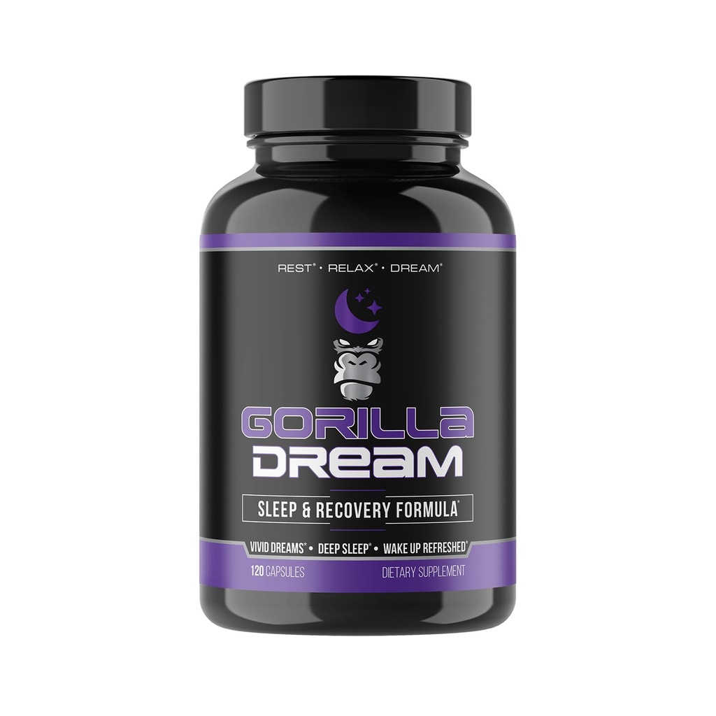 Gorilla Mind Dream Suplemento de sueño (120 cápsulas) - Suplemento Nootropic Infused Comprehensive Sleep &amp; Recovery - GABA, Melatonin, Valerian Root, Magnesium, L-Theanine, Sensoril, Ashwagandha &amp; More