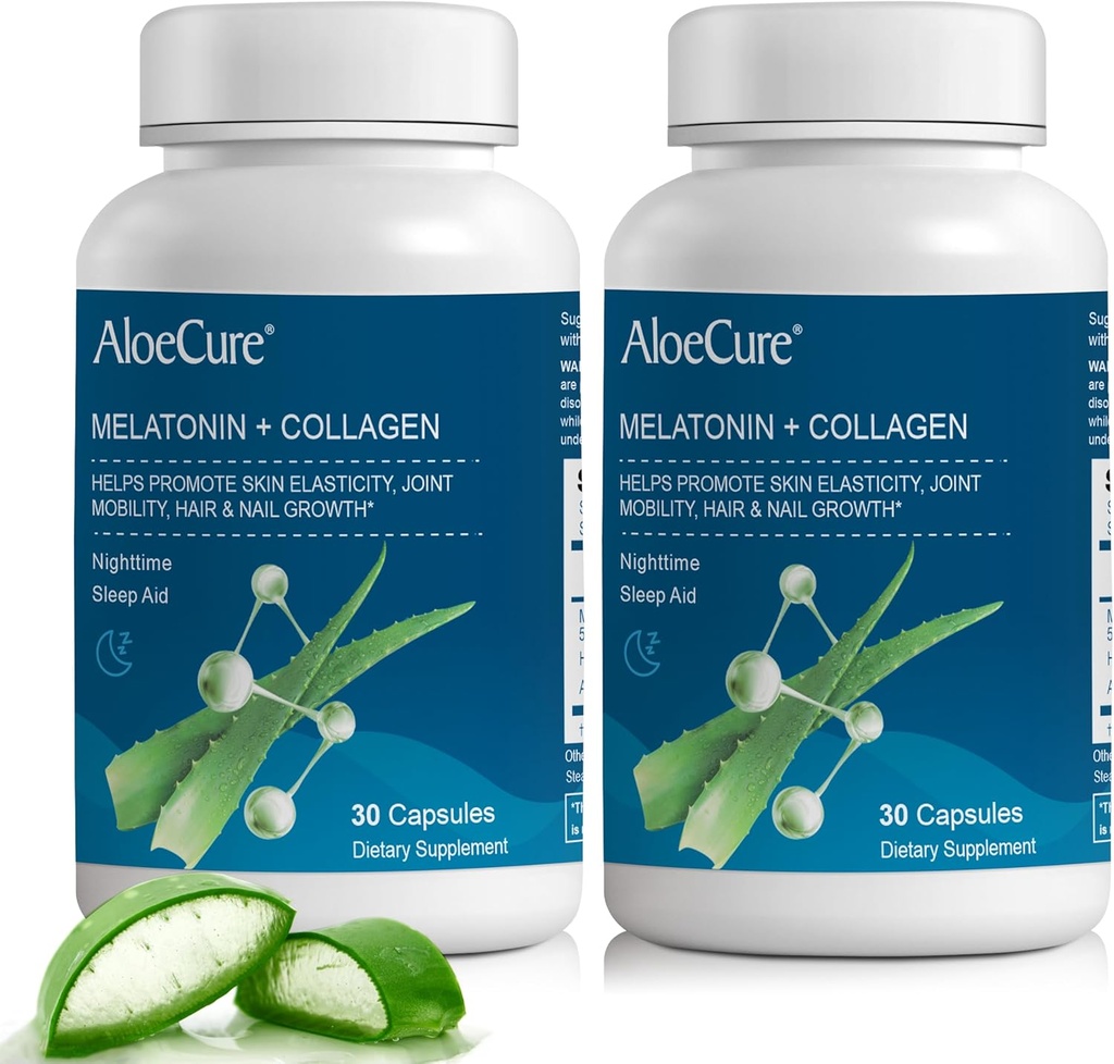 AloeCure Natural Melatonina + Colágeno con Aloe Vera Orgánica - Suplemento de Ayuda Natural para las Noches Restablecidas - Complejo Collagen para la Fuerza Conjunta, Elasticidad de la piel, Pelo &amp; Crecimiento de uñas, 30 cápsulas
