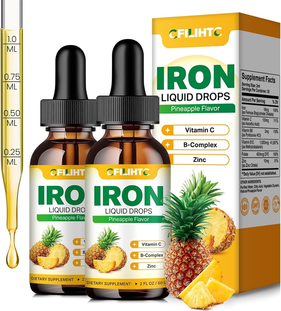 Suplemento de Hierro Líquido para Mujer Hombres &amp; Niños gotas de hierro multivitamina con folato, vitamina C, B6, B12, zinc para la anemia, deficiencia de hierro, constructor de sangre, energía - sabor a piña natural, Vegan 4 Fl Oz