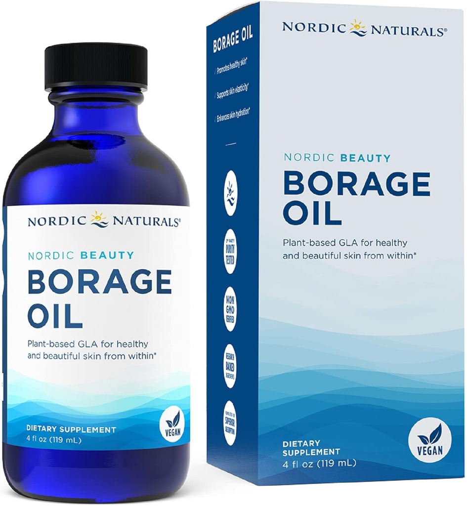 Nordic Naturals Nordic Beauty Borage Oil, Unflavored - 4 Ounces - Borage Seed Oil, Unique Omega-6 para la piel sana e hidratada, 480 Milligrams of GLA - Non-GMO - Vegan, 48 Servimientos