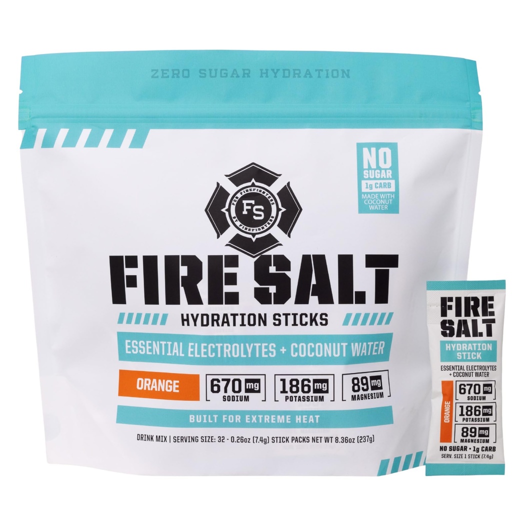 Fire Science Fire Science Fire Salt Hydration Sticks, Electrolytes & Coconut Water, Hydration Drink Mix with Magnesium, Potassium & Sodium, Zero Sugar, Single Serve On The Go Packs, Vegan, Orange Flavor, 32 Cuenta