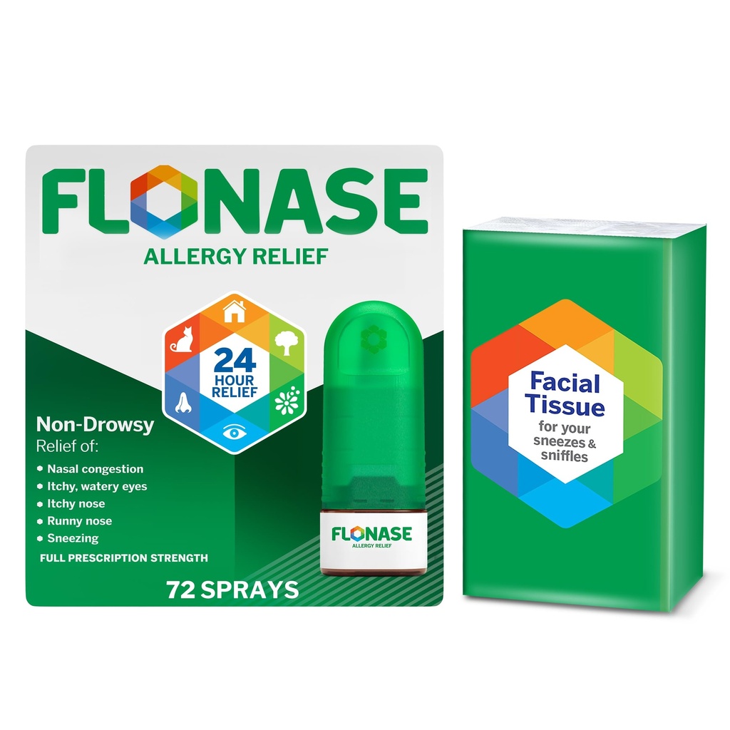 Flonase Alivio de la Alergia Nasal Spray, 24 horas Alivio Multi-Síntoma no Hornos - 72 Sprays más Bonus Pack of Tissues
