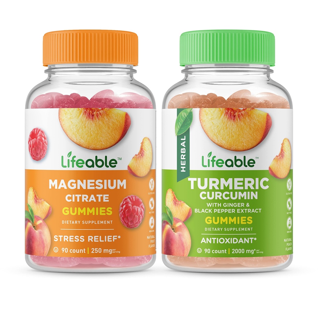 Magnesio salvavidas 85mg + Curcumina Turmérica, Gummies Bundle - Gran Tasting, Suplemento de vitamina, Gluten Gratis, GMO Gratis, Gummy Chewable