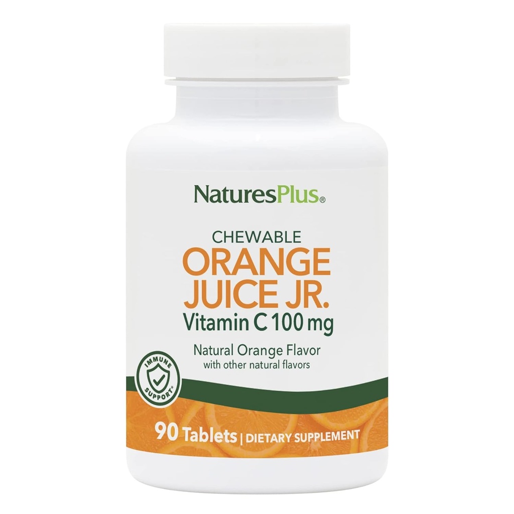 NaturesPlus Orange Juice Junior Chewable Vitamina C - 100 mg, 90 Tabletas Vegetarianas - Suplemento de Apoyo Inmunitario, Antioxidante - Gentle On Stomach - Gluten-Free - 90 Servings