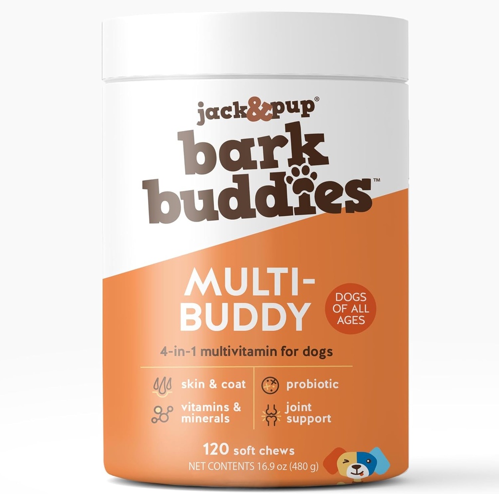 Jack Pup Perro Multivitamínico ← Bark Buddies Perro Vitaminas y Suplementos para perros mayores a cachorros ← Perro diario Multivitaminas Chewable for Immunity, Joint, Digestion, Skin and Coat Health (120ct)