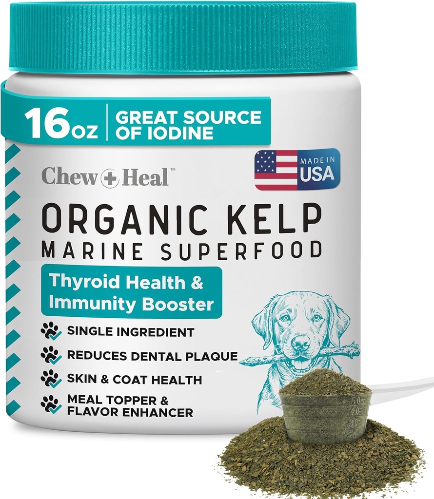Kelp Supplement for Dogs - 16 oz de Kelp Powder Granules con 5cc Spoon - Bien para la función tiroidea saludable, reducir la placa dental y la salud de la piel - Hecho en los EE.UU.