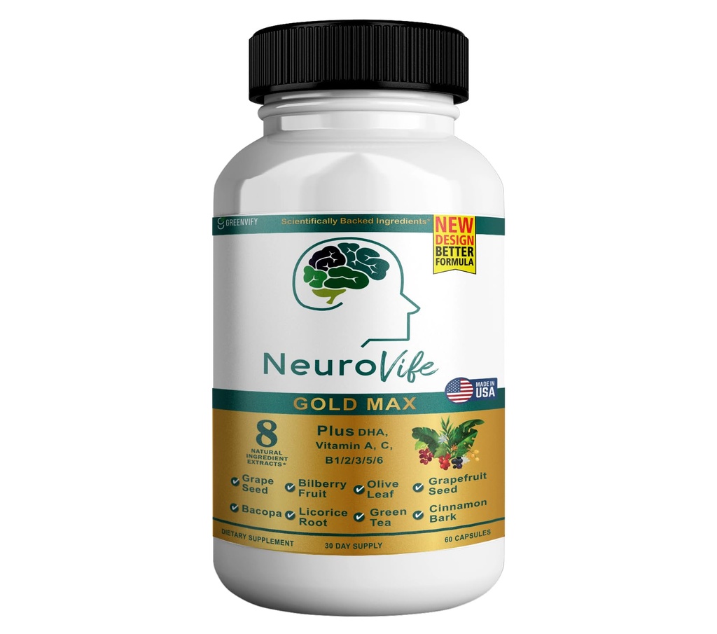 NeuroVife Gold Max Brain Support Suplemento Silencio 8 Extractos naturales con DHA, Vitaminas A, C, B Complejo tención 60 Veggie Capsules  Made in USA (1)