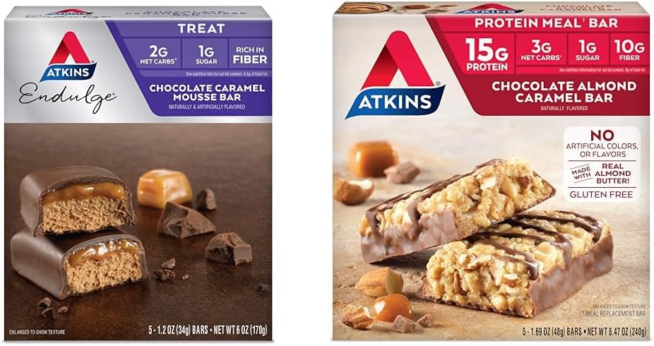 Atkins Endulge Chocolate Caramel Mousse Bar, Dessert Favorite, 1g Sugar, High in Fiber, 5 Conde " Chocolate Almond Caramel Bar, Keto-Friendly, Gluten Free with Real Almond Butter, 5 Conde (Pack of 1)