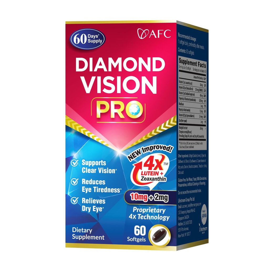 AFC Japón Diamond Vision PRO – Fórmula mejorada de tamaño superior - Lutein &amp; Zeaxanthin 4X con vitaminas de ojos – Suplemento de salud visual para adultos, exposición de pantallas, uso nocturno, 60 Softgels