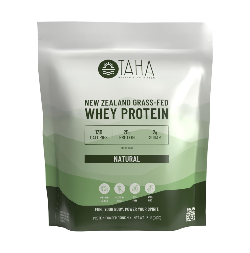 Taha Health & Nutrition Natural Unflavored Whey Protein Concentrate Powder, 25g Protein, 140 Calories, 2g Sugar ← Nueva Zelanda Grass-Fed, Free-Range Dairy TEN Gluten and Soy Free, Keto, Kosher ← 2LB