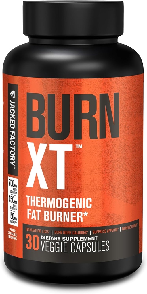 Jacked Factory Burn-XT for Men &amp; Women - Mejorar el enfoque &amp; aumentar la energía - Premium Acetyl L-Carnitine, Green Tea Extract, Capsimax Cayenne Pepper, &amp; Más - 30 Natural Veggie Pills