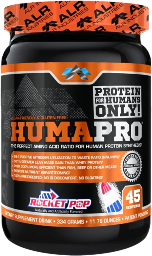 Humapro ← Aminoácidos Matriz Proteína para los seres humanos TENIDO 99% Utilización para el músculo magro TEN Vegan, Gluten Free TEN 334g / 45 Servings (Rocket Pop)