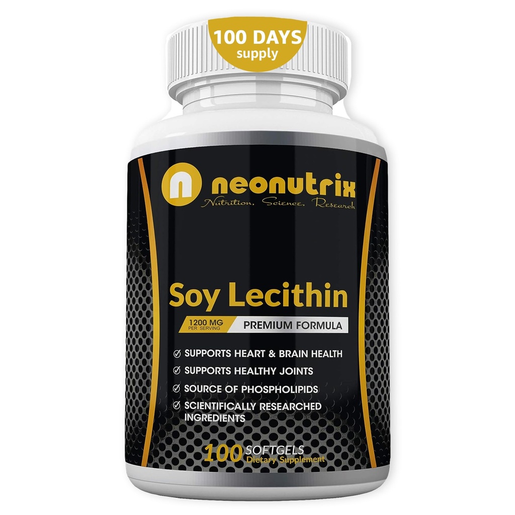 Soy Lecithin Capsules 1200mg (Uno al Día, 100 Softgels) Suplemento de Apoyo Inmunitario Rich in Phospholipids Soporta Metabolismo, Brain & Heart Health & Cell Funciones Made in The USA Non-GMO by Neonutrix
