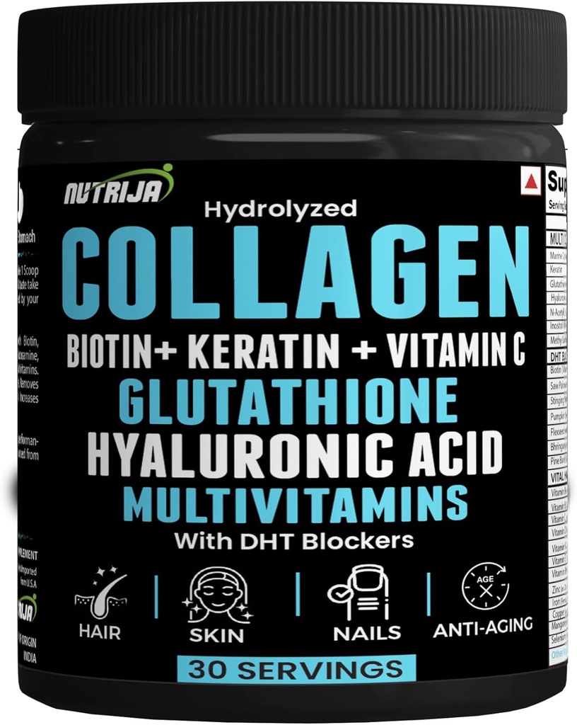 Colagen Powder con Glutathione, Acido Hialurónico, Vitamina C, E, Zinc con Bloqueadores DHT &amp; Multivitaminas - 30 Actuaciones (Unflavoured)