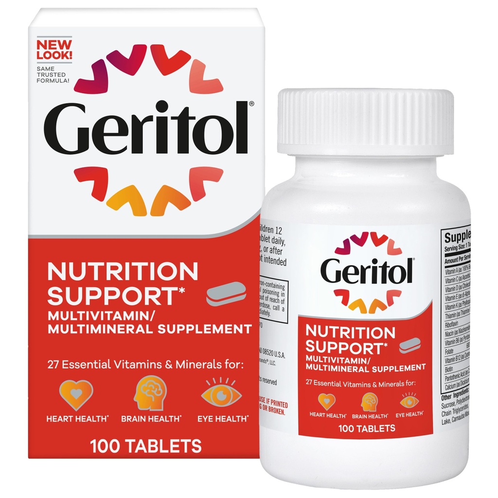 Geritol, Suplemento Multivitamínico, Contiene B-Vitaminas, Antioxidantes, Vitaminas C, E &amp; D e Hierro, 26 Vitaminas y Minerales Esenciales, Libre de gluten, No OGM, No Dulces Artificiales, 100 Tabletas