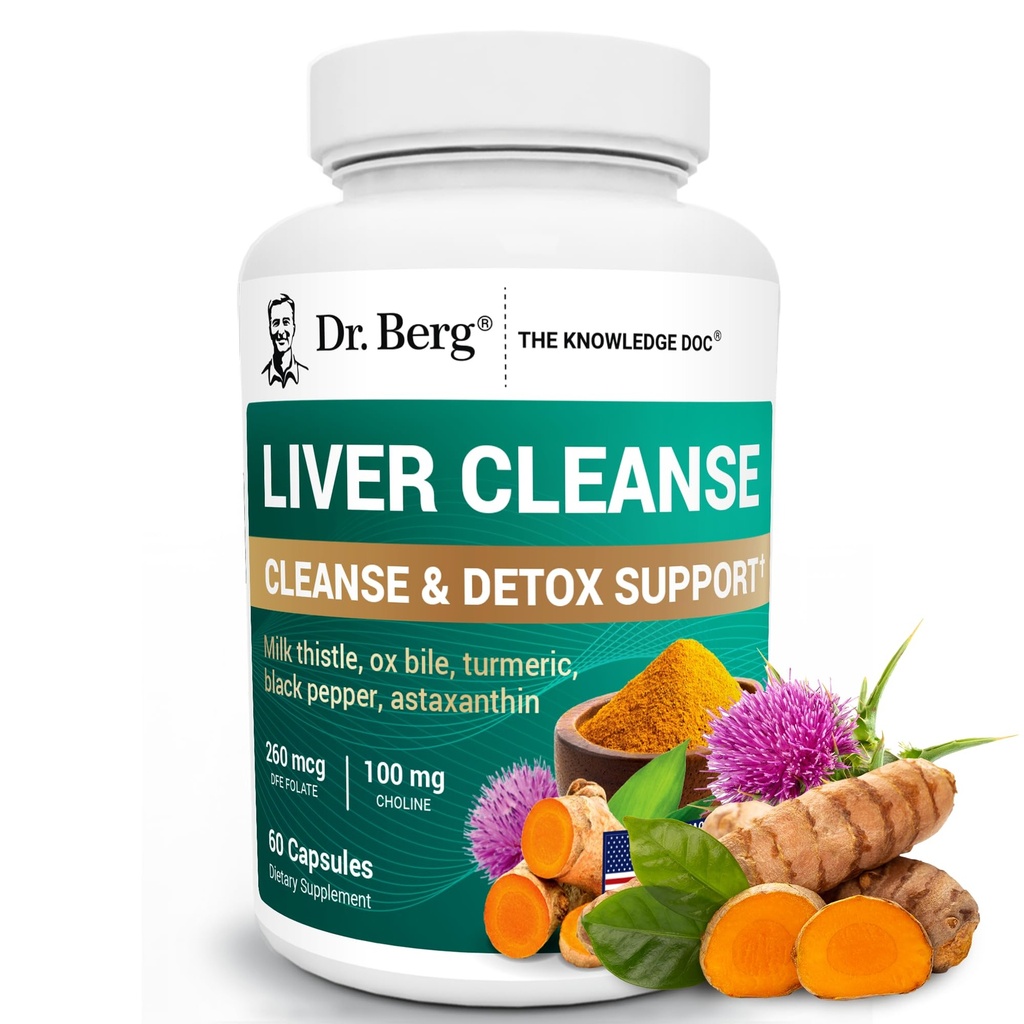 Dr. Berg Liver Cleanse Detox Capsules w/Unique Blend of Milk Thistle, Ox Bile &amp; Folate - Suplemento del hígado Incluye Turmeric, Black Pepper & Choline - 60 cápsulas