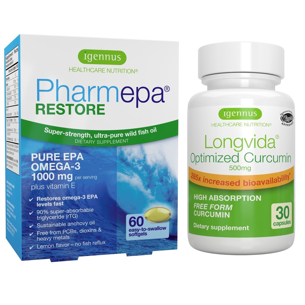 Pharmepa Restore &amp; Longvida Lipidated Curcumin 500mg Bundle, 1000mg Pure EPA Omega-3 Fish Oil &amp; Ultra Bioavailable Curcumin, por Igennus