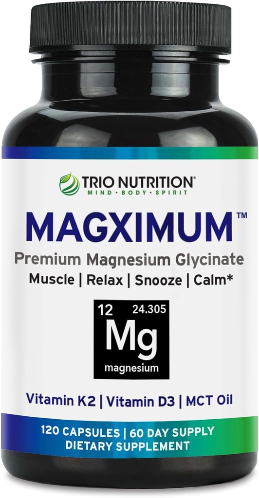 Trio Nutrition MagX Magnesium Glycinate, Vitamina D3, Vitamina K2 & MCT Petróleo Silencioso Magnesio Suplemento Silencioso, Relajación & Recuperación