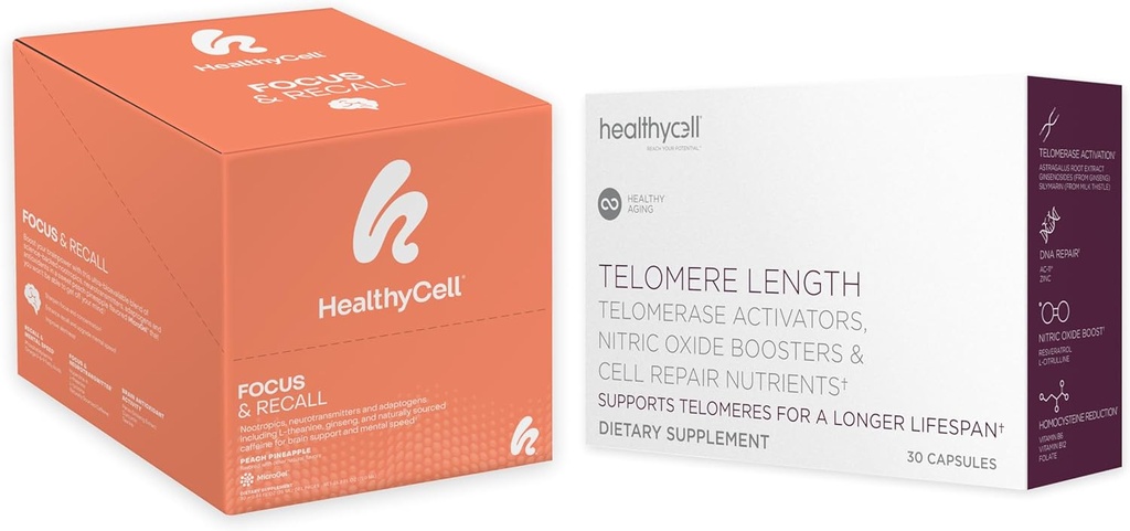 Telomere de células sanas Longitud saludable Aging Suplemento + Focus & Recall Brain Supplement for Memory & Focus Bundle