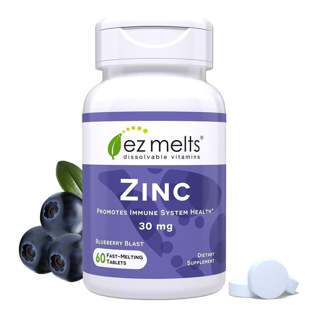 EZ Melts Zinc - Suplemento para Immune, Digestive & Skin Health Support - Non-GMO, Vegan &amp; Gluten-Free - Blueberry Blast - 60 Tablets Dissolvable (60 Servings)