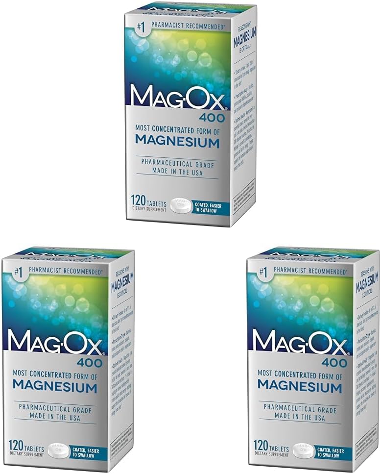 Suplemento de Magnesio Mag-Ox, Óxido de Magnesio de Grado Farmacéutico 483mg, Forma Más Concentrada de Magnesio, 120 Tabletas (Pack of 3)