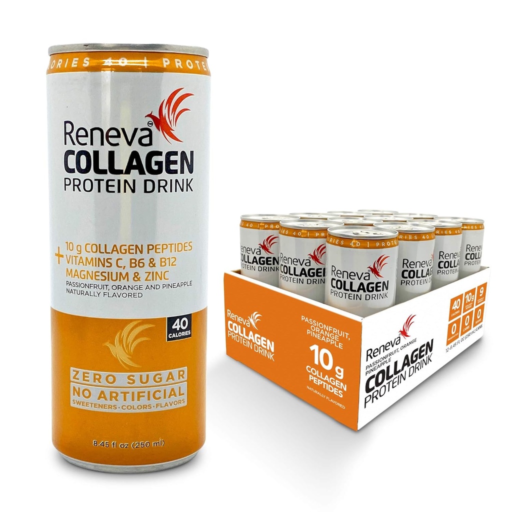 Reneva Collagen Protein Drink - 10g Collagen Peptides, Electrolytes, B-Vitamins, Zinc y Zero Sugar (Passionfruit Orange Pineapple)