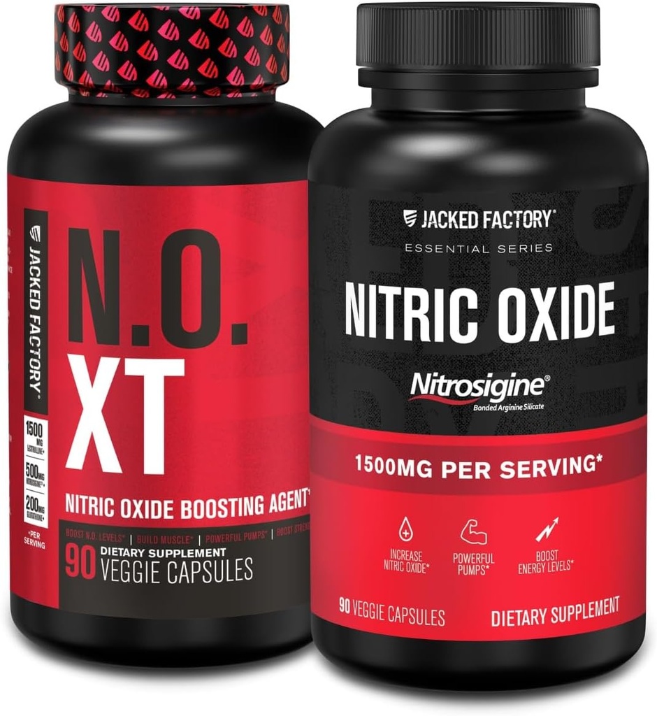 Gato Fábrica N.O. XT Nitric Oxide Suplemento (90 cápsulas) & Nitrosigine L-Arginine Nitric Oxide Booster (90 cápsulas) para el crecimiento muscular, bombas, vascularidad y energía