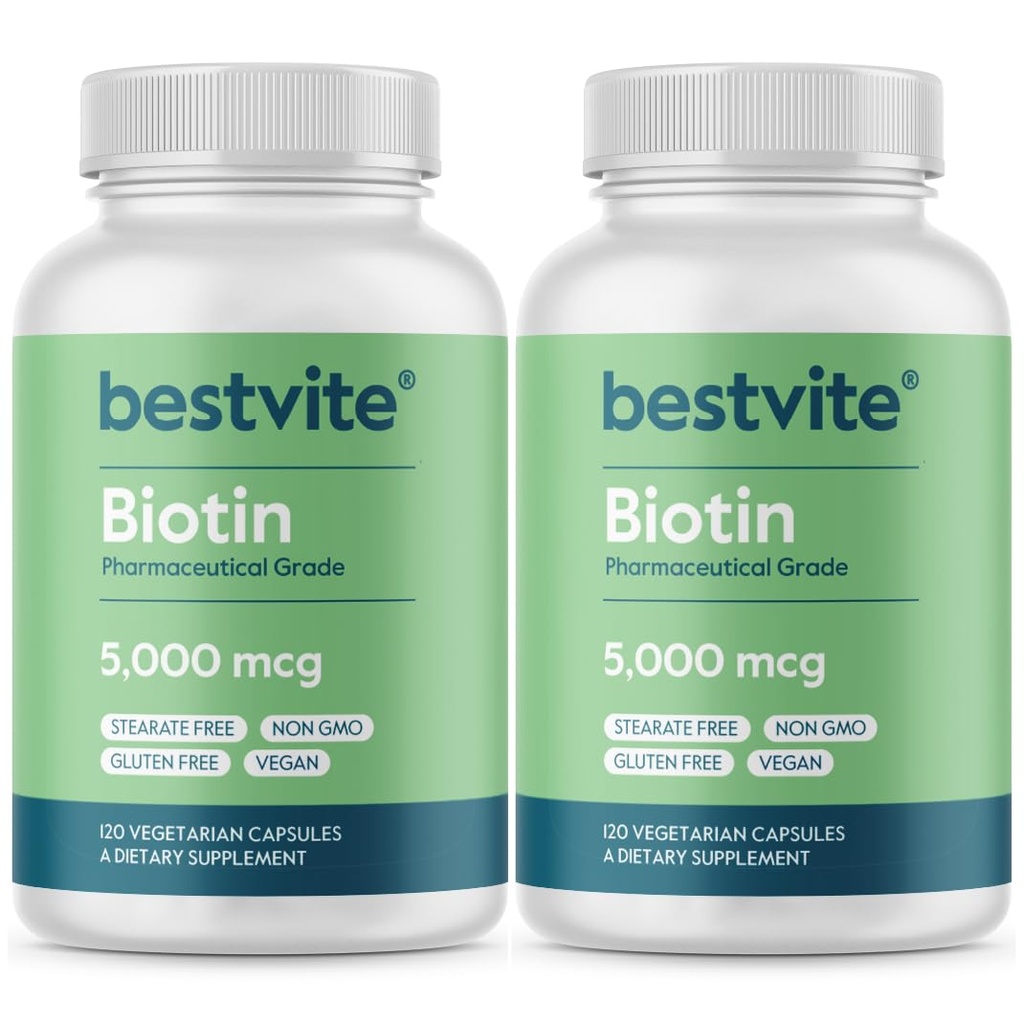 BESTVITE Biotin 5000mcg (240 cápsulas vegetarianas) (120 x 2) - No Stearates - No agentes de flujo - Vegan - No GMO - Gluten Gratis - Pelo, piel, uñas
