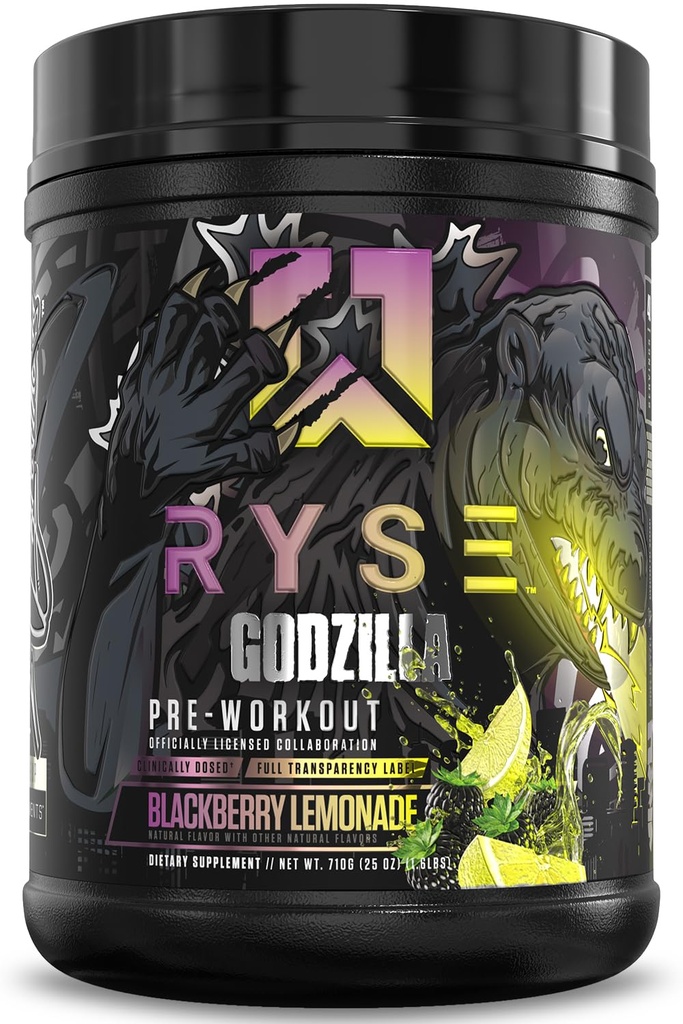RYSE Godzilla X Noel Deyzel Pre Workout Powder - BlackBerry Lemonade - 400mg Caffeine, High Stim Pre-Workout para Hombres &amp; Mujeres con Citrulline & Beta Alanine - Energía, Bomba & Focus - 20/40 Servings