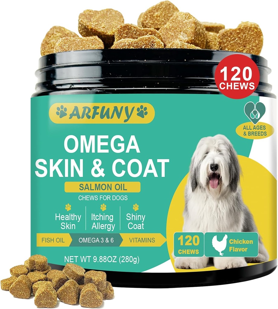 Omega 3 para perros - Piel de perro y suplemento de carne con EPA & DHA Ácidos grasos- Pez Aceite Aceite con aceite de salmón & vitaminas - picazón, secado Skin Relief- Chicken Flavor, 120 Chews