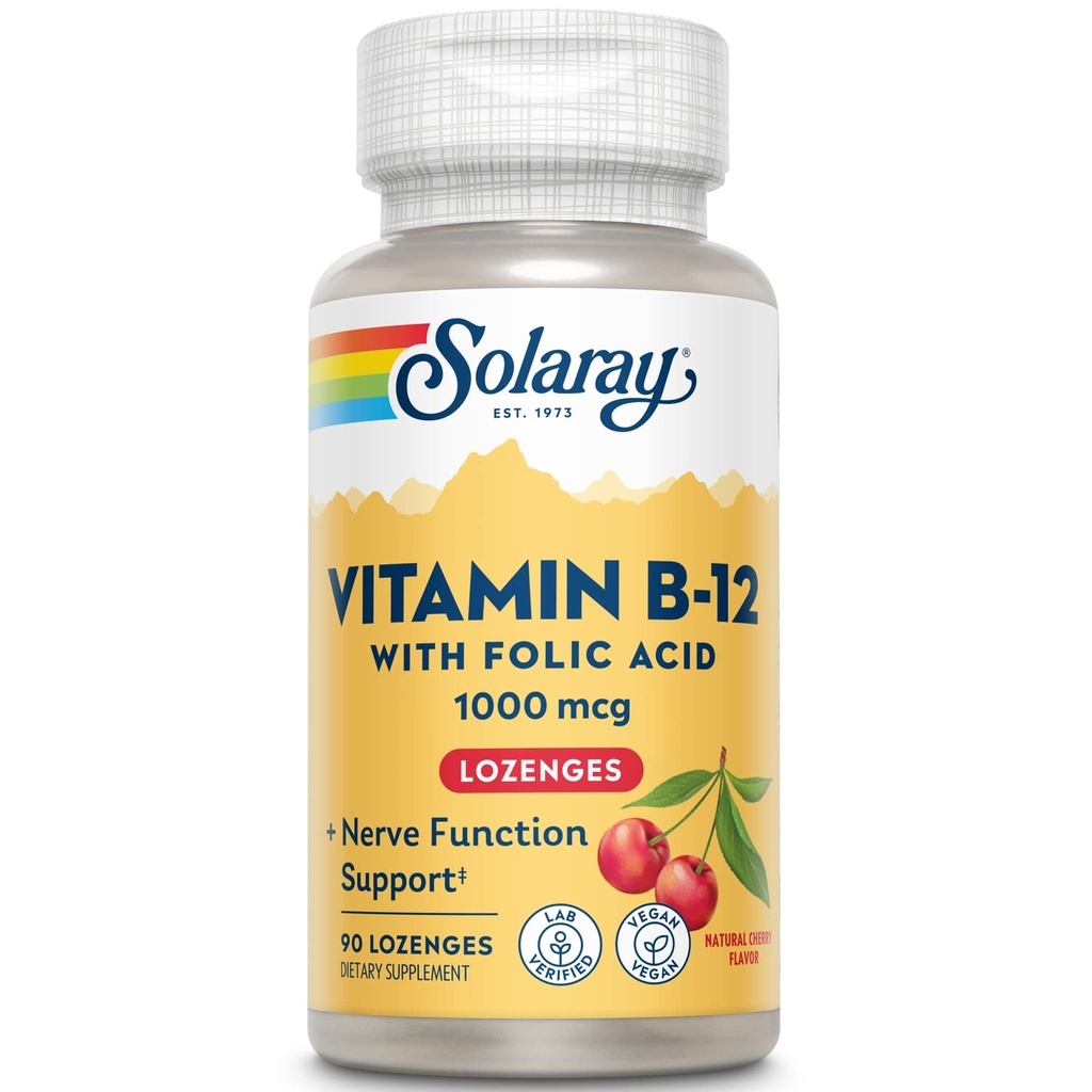 SOLARAY Vitamina B-12 1000mcg Lozenges with Folic Acid ← Natural Cherry Flavor ← Healthy Energy Support