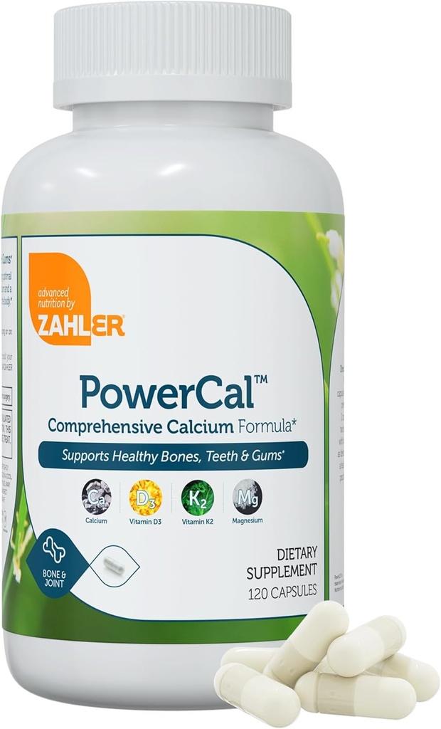 Zahler PowerCal - Calcio D3 K2 Suplemento Magnesio - Dientes, Gums &amp; Bone Strength Support - Kosher Bone Health Calcium Suplemento para Hombres con Vitamina D3 K2 y Magnesio (120 cápsulas)