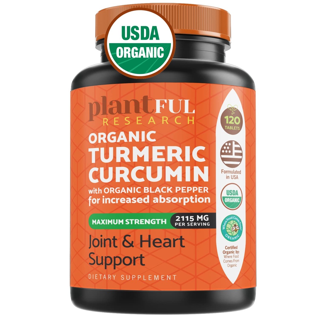 Suplemento Turmérico Orgánico con Pepper Negro Potencia más alta USDA certificado [No-GMO Curcumina orgánica 2115mg] Antioxidante Conjunto &amp; Apoyo Inmunitario 120 Tabletas