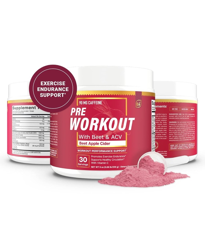 Elementos esenciales PreWorkout Powder con bota de remolacha &amp; ACV  durable Superfood Energy Suplemento " All-Natural Nitric Oxide Booster Plus Caffeine 30 Servimientos