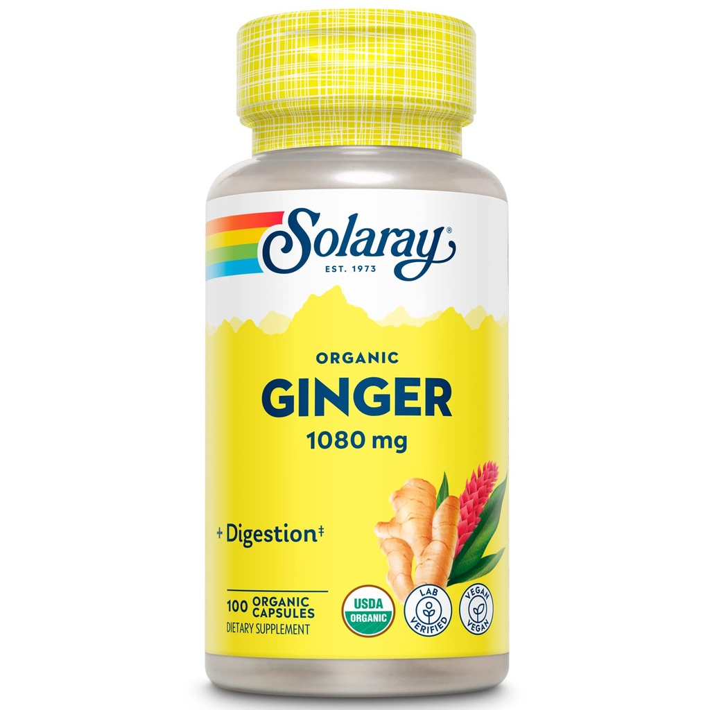 SOLARAY Orgánica de jengibre 1080 mg - Suplementos de jengibre orgánico - Alivia la náusea y el voto asociado con la enfermedad de la moción, apoya la salud conjunta - Vegan, no somnoliento, garantía de 60 días, 50 servicios