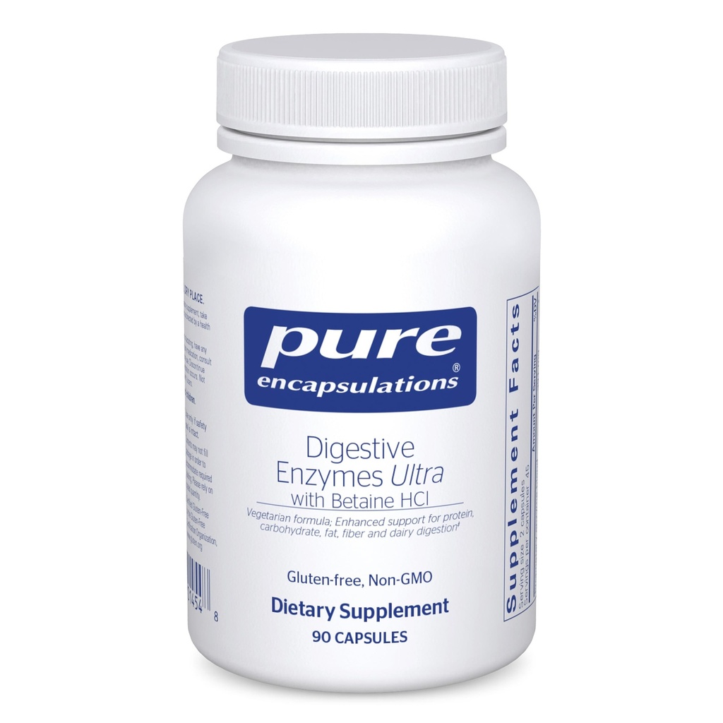 Encapsulaciones puras Enzimas digestivas Ultra con Betaine HCl - Vegetarian Digestive Enzyme Suplemento de Apoyo Proteína, Carb, Fibra y Digestión Láctea* - 90 cápsulas