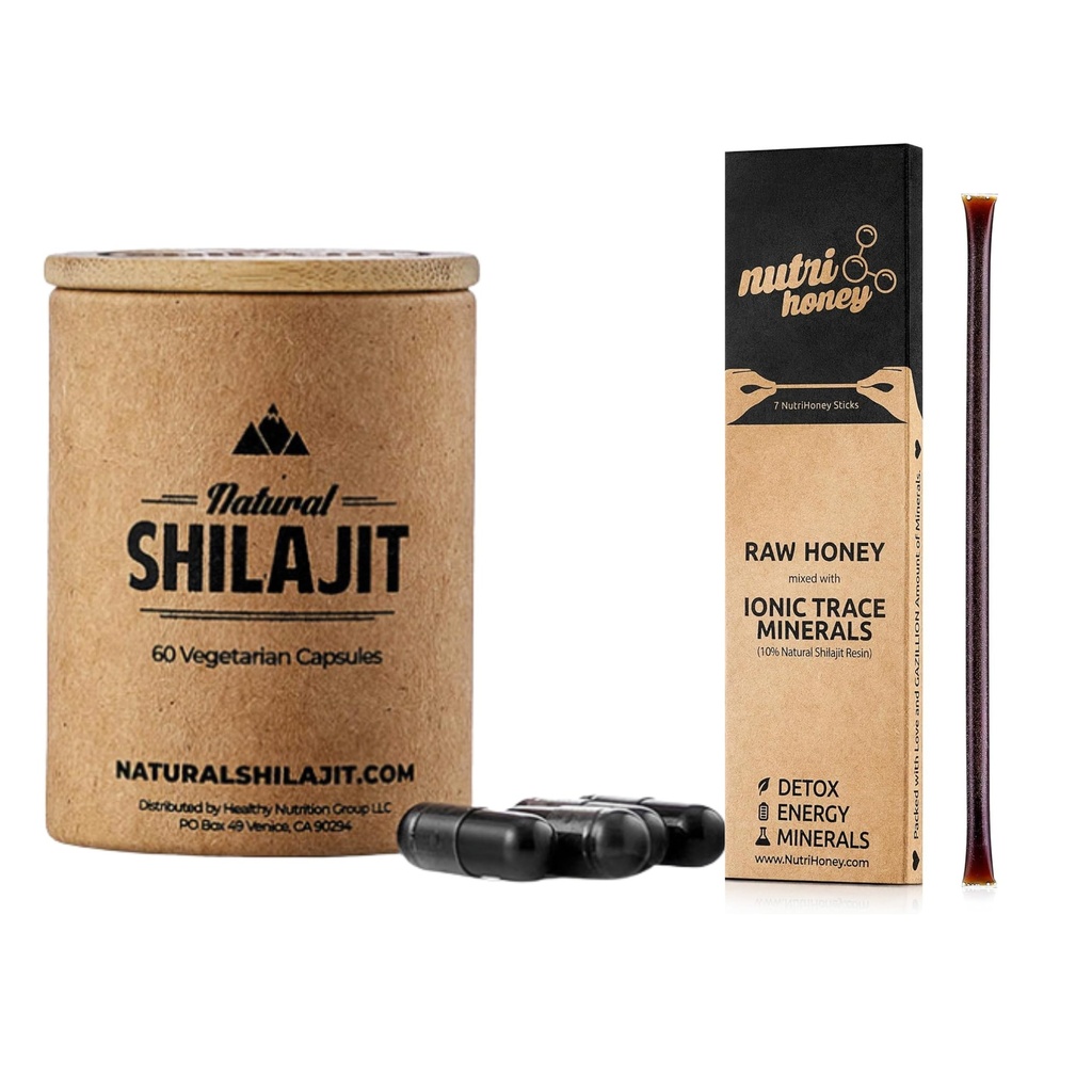 Natural Shilajit Capsules (1-2 Months Supply) - 60 Conde & Shilajit Honey Sticks - Natural Shilajit Resin Mixed with Raw Honey (7 Sticks)