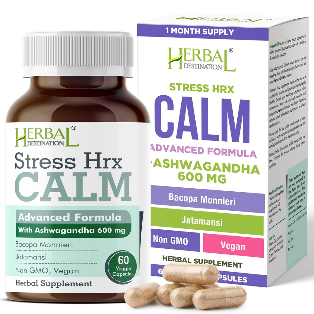 Stress Hrx, Ashwagandha Suplemento cápsula, Herbal Destination Stress Relief - 60 Conde