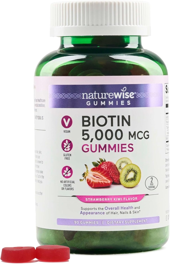 NatureWise Biotin Gummies - Supports Healthy Hair, Skin and Strong Nails - Vitamina B7 5000mcg - Belleza natural - Fresa-Kiwi Flavor - Vegan, No GMO, Gluten Gratis - 90 Conde[45 Day Supply]